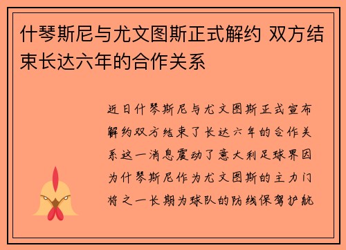 什琴斯尼与尤文图斯正式解约 双方结束长达六年的合作关系 什琴斯尼与尤文图斯正式解约 双方结束长达六年的合作关系