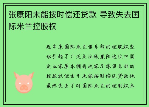 张康阳未能按时偿还贷款 导致失去国际米兰控股权